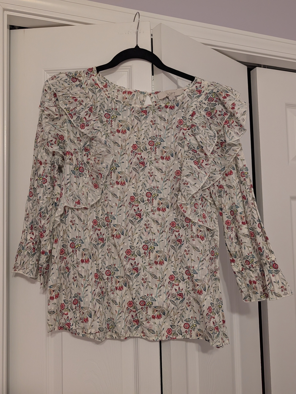 LOFT White Floral Ruffle Blouse with Pink & Green Accents